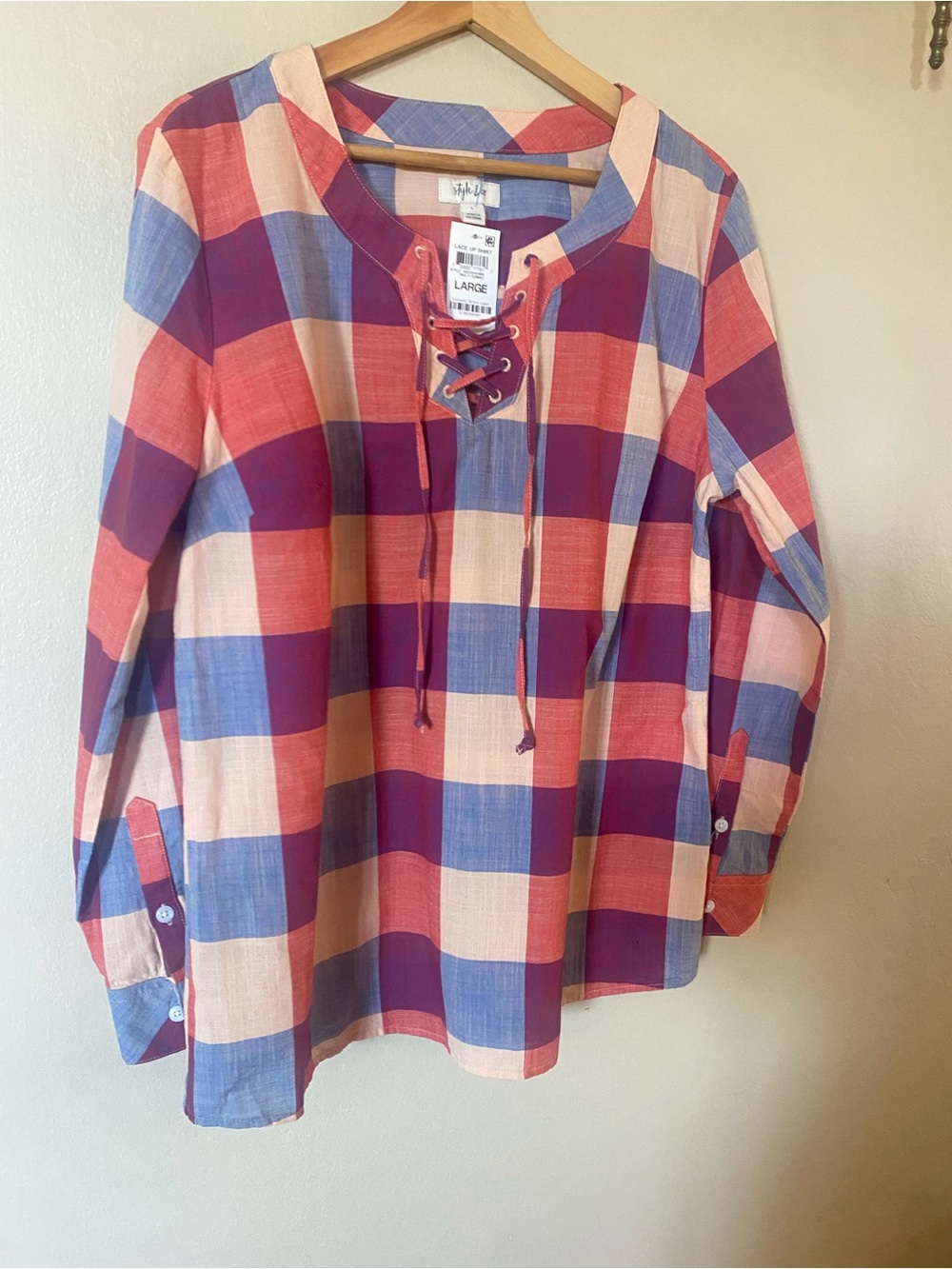 Style & Co. Plaid Lace-Up Top - Picture 3 of 5